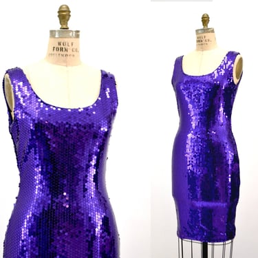 90s Vintage Purple Sequin Dress Small Medium Metallic Dress Body Con Tank// Vintage 90s Prom Dress Sequin Cocktail Formal Pageant Dress 