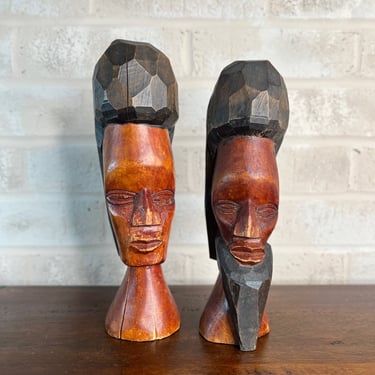 Rare 1970s Carvings: Vintage Wooden Man and Woman Head Statues 