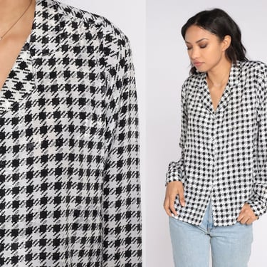 90s Checkered Blouse Black White Plaid Shirt Long Sleeve Collared Top Preppy Vector Print 1990s Boho Vintage Houndstooth Secretary Top Large 