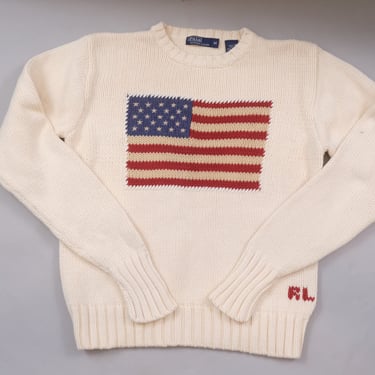 Vintage 90s Ralph Lauren US American Flag Cotton Knit Sweater Youth Medium 