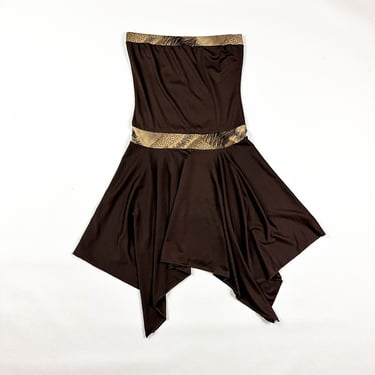 1990s / y2k Brown with Snake Print Details Tube Dress / Asymmetrical Hem / Handkerchief Hem / Large / MKM Designs / SATC / Drop Waist / L / 