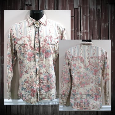 Martini Ranch Vintage Retro Western Men's Cowboy Shirt, Rodeo Shirt, Ivory with Rose Print, Long Sleeves, Size Medium (see meas. photo) 