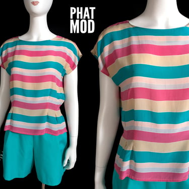 Cute Vintage 80s Pink Blue Tan Stripe Silk Blouse 