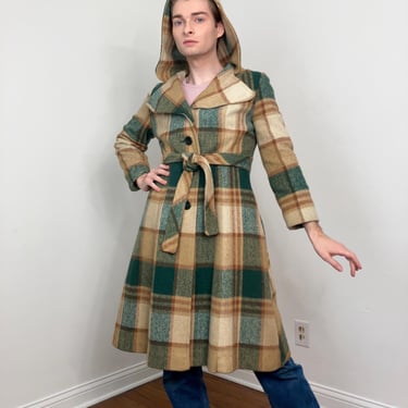 70s Hooded plaid princess coat 