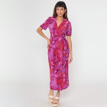 Y2K Adrianna Papell Silk Wrap Dress Vintage Purple Red Tropical Floral Print Short Sleeve Tie Waist Midi 2000s Boho Elegant Small 6 