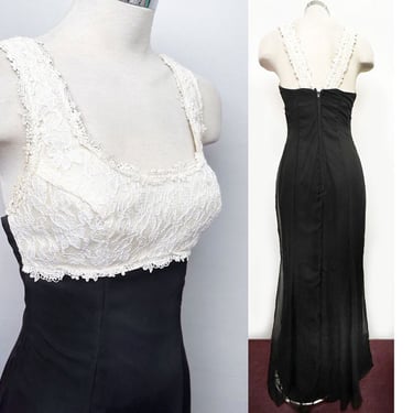 Black & White Evening Dress Long Mermaid Shape, Chiffon, 1970's Vintage Party Gown by Zum Zum 