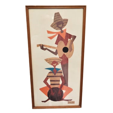 Vintage Mid Century Robert Lyons Wood Art Print Guitar and Bongo Player 