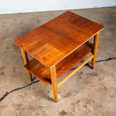Mid Century Modern Side Table Walnut Patchwork Wood Square Shelf 2 Tier Vintage