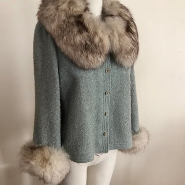 Pale Blue Boucle Coat with Fur Collar and Cuffs - 1960s 