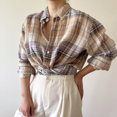 vintage linen blouse button down vintage style oversize boyfriend plaid oxford shirt men's shirt 90s Polo Ralph Lauren vintage shirt size M 