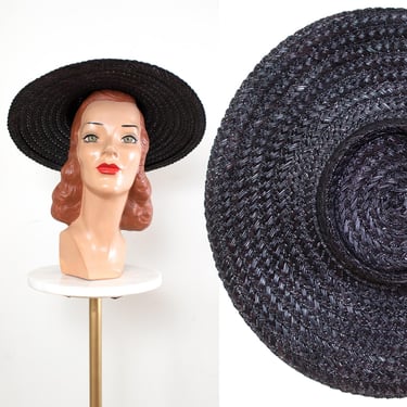 Vintage 1970s Sun Hat | 70s does 1950s Black Straw Wide Brim Summer Picture Hat (3 Available) 