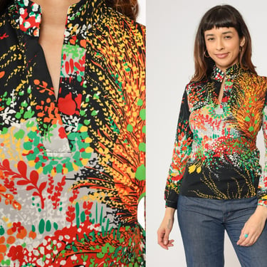 70s Floral Blouse Mandarin Collar Boho Shirt Bright Orange Black Green Bohemian Slit Neck Top Retro Hippie Long Sleeve Vintage 1970s Small S 