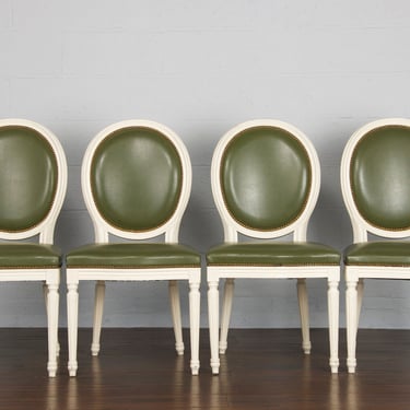 Country French Louis XVI Style Provincial Painted Green Leather Dining Chairs - Set of 4 
