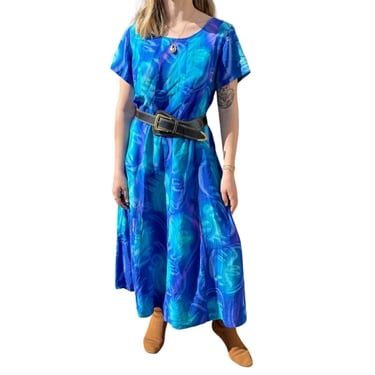 Vintage 90s Womens 100% Silk Blue Tie Dye Maxi Scoop Neck Boho Beach Dress Sz L 