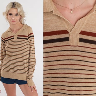 Tan Striped Sweater 70s Knit Buttonless Polo Sweater Johnny Collar Long Sleeve V Neck Collared Preppy Brown Acrylic Vintage 1970s Medium 