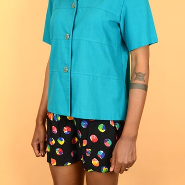 Vintage Turquoise Classy Short Sleeve Button Down Collared Shirt Blouse 