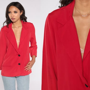Red Blazer 90s Two Button Closure Jacket Low Neck Deep V Simple Work Formal Office Button Up Plain Solid Vintage 1990s Oversized Small 6 