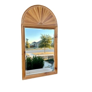 1980s Beveled Mirror in Pine Wood Frame with Arched Fan or Sunburst Top 