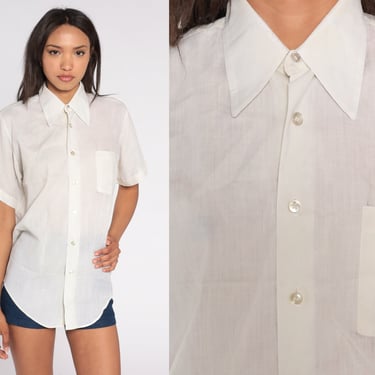 White Button Up Shirt 80s Semi-Sheer Dagger Collar Top Basic Retro Short Sleeve Minimalist Summer Plain Light Top Vintage 1980s Mens Medium 