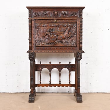 Antique 19th Century Spanish Baroque Renaissance Ornate Carved Walnut Bargueño Drop Front Desk or Bar Cabinet