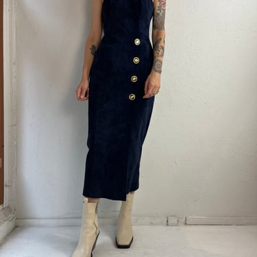 90s 'Danier' Navy Blue Suede Leather Form Fitting Dress / XS 