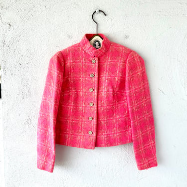 Vintage 50s 60s Pink Woven Coat // Bright Mod Fuzzy Sweater Jacket 