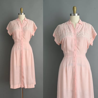 Vintage 1940s Dress | 1940s pastel pink linen floral dress | Medium 