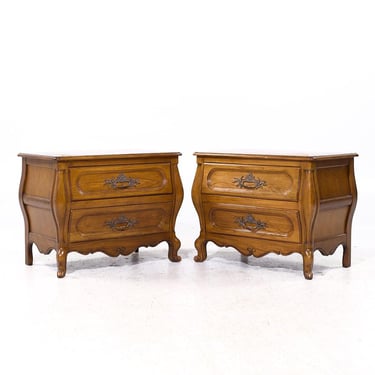 Baker French Louis XV Style Oak and Burlwood Bombe Chest Nightstands - Pair 