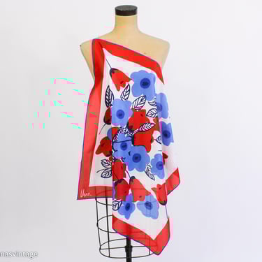 Vera | 1960s Blue Red Flower Scarf |  60s Red Floral Scarf | Vera 