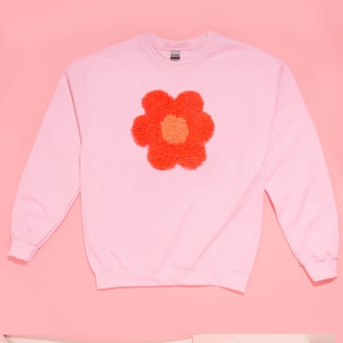 Pink Tufted Daisy Sweatshirt. Red hot flower, loungewear, streetwear, sweats, aesthetic 