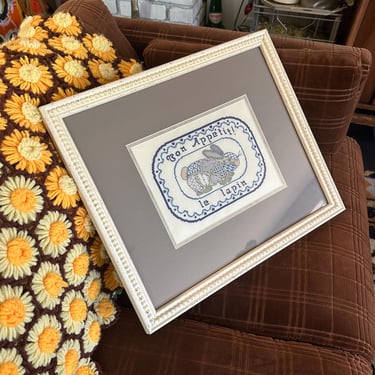 Vintage Rabbit “Bon Appetit” “Le lapin” Framed Needlepoint Embroidery - Great for Chef 19” x 16” Frame - Embroidery Art 