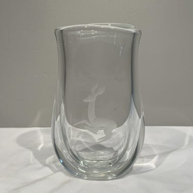 MCM Holmegaard Danish clear vase with engraved deer, classy Christmas, gifts for mom, 