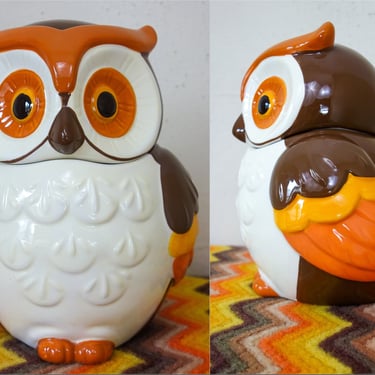 Owl cookie jar in classic 70s color and style, Better Homes &Gardens Heritage Collection reproduction ceramic large figural kitchen storage 