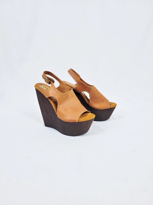 Sbicca Brown Leather Platform Wood Sole Sandals I Vintage Collection I Sz 7 I Sz 37" I Shoes 