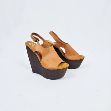 Sbicca Brown Leather Platform Wood Sole Sandals I Vintage Collection I Sz 7 I Sz 37