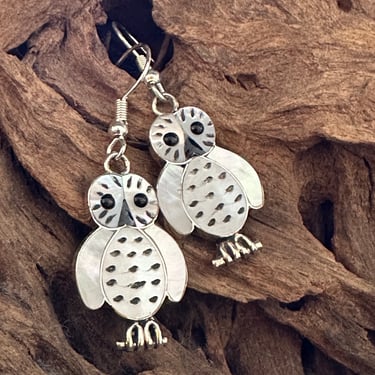 SNOWY OWL Earrings | Regina Kallestewa RK Zuni Birds Silver with Mother of Pearl and Jet Inlay Dangle | Native American Jewelry Southwestern 