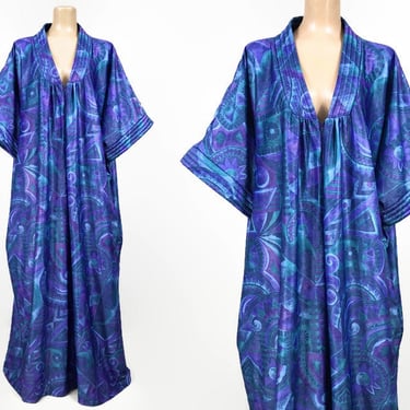 VINTAGE 80s Purple Teal Celestial Maxi Dress Kaftan 2X | 1980s Plus Size Sorceress Caftan Hostess Lounging Dress | Abstract Sun Print | VFG 