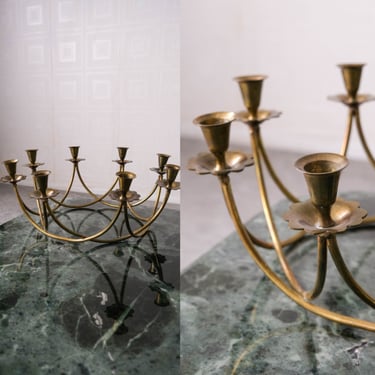 Vintage John Norman Collections Mid Century Modern Round Floral Brass Table Candelabra | Made in India | 1950s 1960s Designer Candle Holder 