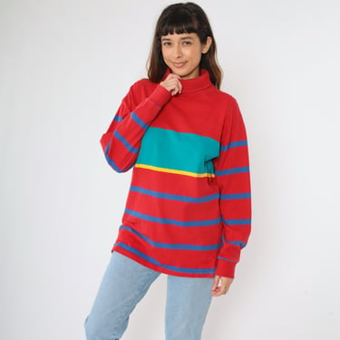 Vintage Striped Turtleneck Shirt Large 90s Red Turquoise Blue Long Sleeve Retro Turtle Neck Top 1990s Cotton Size L 