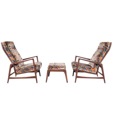Danish Modern Walnut Reclining Lounge Chairs and Ottoman by Ib Kofod Larsen