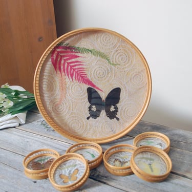 Pressed butterfly rattan coaster and tray set / butterfly coasters / butterfly tray / vintage butterfly serving set / pressed flower set 
