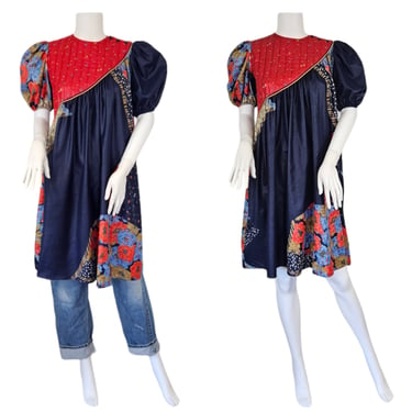 1980's Poly Blend Blue Red Floral Print Smock Dress I Sz Sm I Quilted 