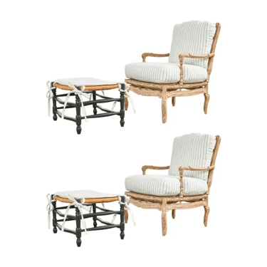 Pair of French Provincial Rush Seat Fauteuil Armchairs &amp; Ottomans