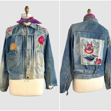NATIVE FUNK & FLASH Vintage 50s 60s Embroidered Jean Jacket, 1950s  1960s Buckle Back Pleated Front Denim, Hippie Psychedelic | Mens X Large 