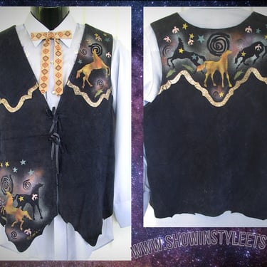 Crain Custom Painted Suede Leather Vest, Vintage Western Cowboy, Stage Wear Vest, Black with Horses, Tag Size Large (see meas. photo) 