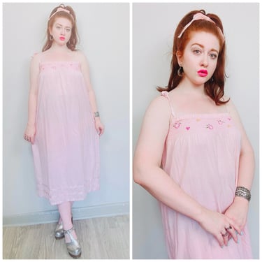 1990s Vintage Pink Embroidered Swing Dress / 90s Cotton Floral Ribbon Tie Romantic Nightgown / Small - Large 