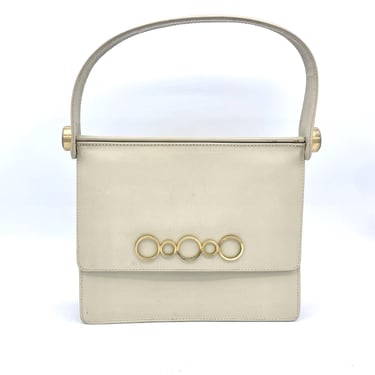 Vintage 1960s Chic Bone Leather Handbag, Boxy Mid-Century Top Handle Purse Made in Italy, VFG 