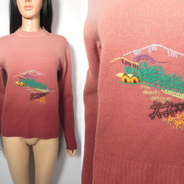 Vintage 70s Ombre Knit Embroidered Wool Sweater Size M 