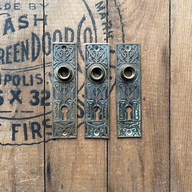 Set of 3 Eastlake Brass Door Plates Ornate Salvaged Hardware 