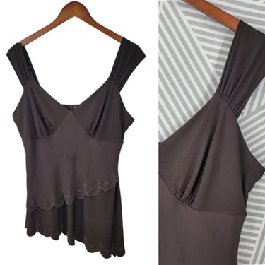 Vintage Y2K Tank Top Size Glitter Scalloped Trim Brown Assymetric Layered Alt 